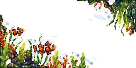 A bright frame composition with an underwater world. Red coral, seaweed, tropical clown fish. Digital illustration on a white background. For printing, stickers, posters, postcards, prints.の写真素材
