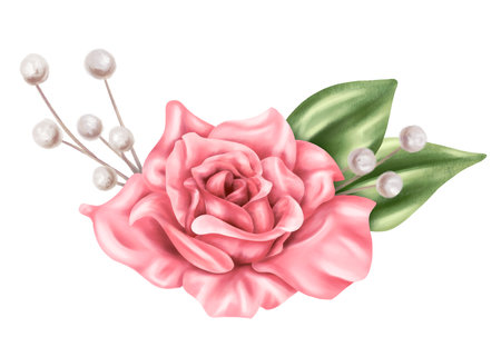 An elegant composition of pink roses, leaves and dried decorative flowers in watercolor style. Digital illustration on a white background. For invitations, date saving, gratitude or greeting card.の写真素材