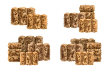 A set of compositions made of golden haystacks. Dry grass, straw, bales, feed for herbivores, harvesting on an agricultural farm. Isolated digital illustration on a white background.の写真素材