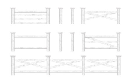 Cartoon set of compositions of a fence made of white wood with texture. Stakes, palisade, gates and poles, enclosure railing, banister. Digital illustration on a white background.の写真素材