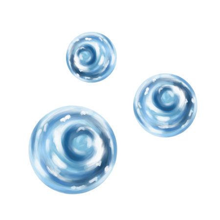 Composition of round transparent clear realistic water bubbles on a white background. Drops of sea water, aquarium, ocean, wildlife. digital illustration.の写真素材