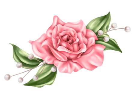 An elegant composition of pink roses, leaves and dried decorative flowers in watercolor style. Digital illustration on a white background. For invitations, date saving, gratitude or greeting card.の写真素材