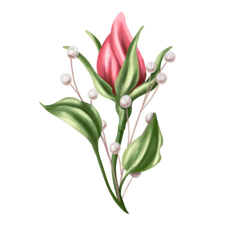 An elegant composition of a rosebud, leaves and dried decorative flowers in watercolor style. Digital illustration on a white background. For invitations, date saving, gratitude or greeting card.の写真素材