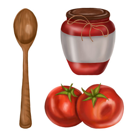 Tomato set of fresh vegetables, wooden spoon, and sauce in a glass jar. Digital illustration on a white background. Farmer's harvest of healthy vegetables, organic products for healthy nutrition.の写真素材