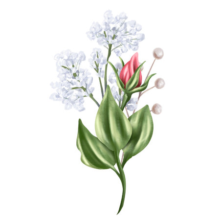 An elegant composition of a rosebud, gypsophila, leaves and dried decorative flowers. Digital illustration on a white background. For invitations, date saving, gratitude or greeting card.の写真素材
