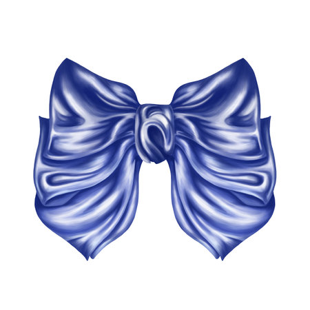 Elegant multi-layered bow made of blue satin fabric. Digital illustration on a white background. Decorative element for wrapping gifts, flowers. The work of a seamstress to complement festive clothes.の写真素材