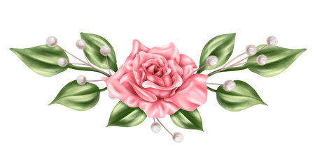 An elegant composition of pink roses, leaves and dried decorative flowers in watercolor style. Digital illustration on a white background. For invitations, date saving, gratitude or greeting card.の写真素材