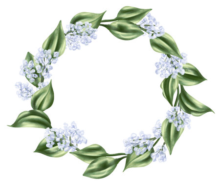 Elegant wreath in a round frame made of gypsophila and green rose leaves in watercolor style. Digital illustration on a white background. For invitations, date saving, gratitude or greeting card.の写真素材