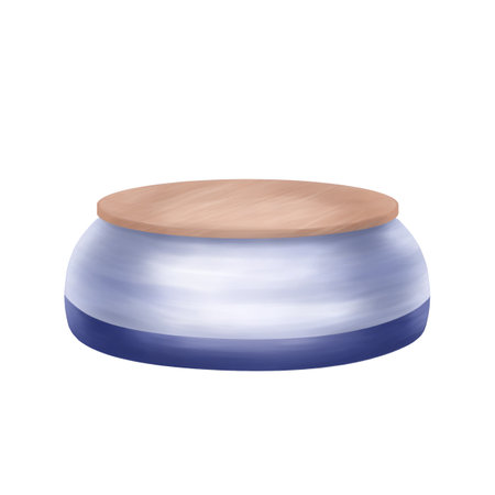 A blue round box with a lid and a pedestal made of light wood. Digital illustration on a white background. A podium for a dancer, a model, a box for storing valuable items.の写真素材