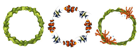 A set of round marine frames with green algae, red coral and colored fish. Tropical underwater and wild world. Digital illustration on a white background. For stickers, posters, poの写真素材