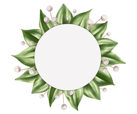 Elegant wreath in a round frame of green rose leaves and dried decorative branches in watercolor style. Digital illustration on a white background. For invitations, thanks or a greeting card.の写真素材