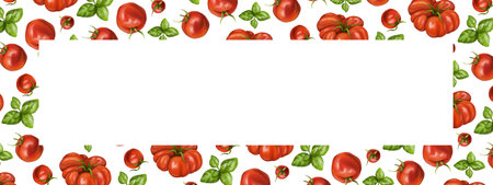 A border of red ripe tomatoes of different varieties with leaf basil. Digital illustration on a white background. For packaging design, postcards, prints, textiles.の写真素材