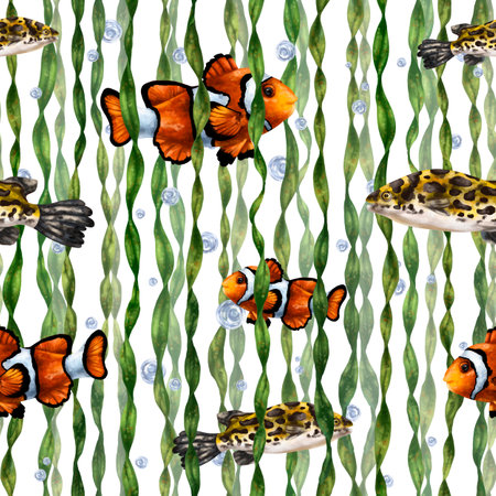 Seamless pattern with colorful tropical clown fish, leopard fish and seaweed. Background for textiles, fabrics, banners, wrapping paper, wallpaper and other designs.の写真素材