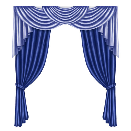 Arch of blue curtains made of satin, silk, fabric. Digital illustration on a white background. Decorative element for windows and doors in the interior of a house, dance hall, theater.の写真素材