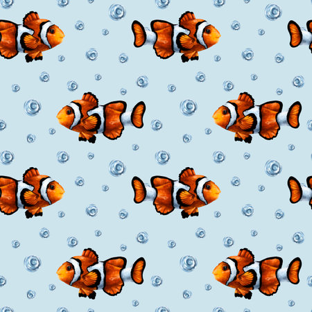 Seamless pattern with colorful tropical clown fish and water bubbles. Marine underwater life, travel, diving. Illustration for textiles, fabrics, banners, wrapping paper, wallpaper.の写真素材