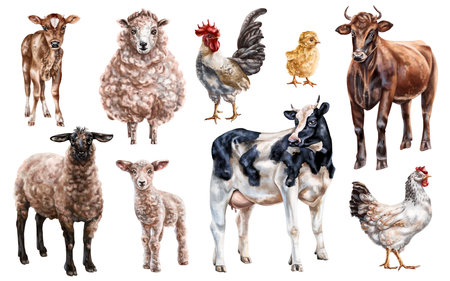 A set of farm animals: cows, chickens, sheep. Rural village mammals, livestock, poultry. Digital illustration on a white background. For postcards, stickers, compositions.の写真素材