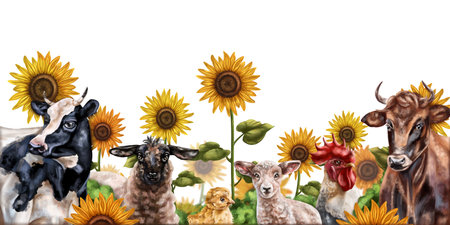 Horizontal frame with a composition of cows, sheep and chickens. Farm animals graze in a field of sunflowers. Digital illustration on a white background. Template for design, postcards, posters.の写真素材