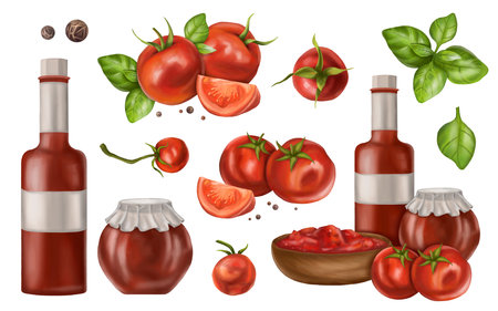 Vegetable set of ripe red tomatoes, basil leaves, pepper, glass bottles with red sauce. Farmer's harvest from the garden of organic plants. Fresh food for healthy diet. Digital isolated illustration.の写真素材