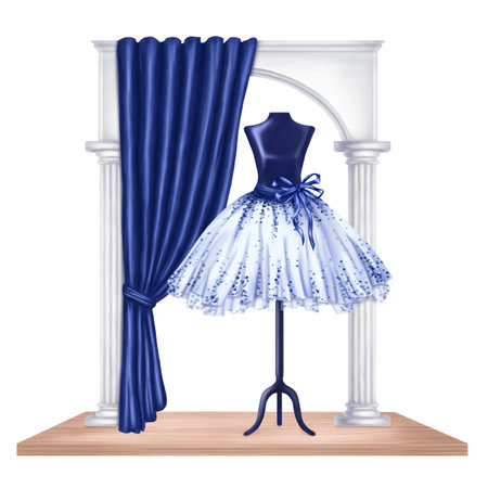 Blue ballet tutu decorated with pebbles and bows. A skirt worn on a mannequin. A theatrical backstage, an atelier, outfit for a fashion show and a masquerade. Digital isolated illustration.の写真素材