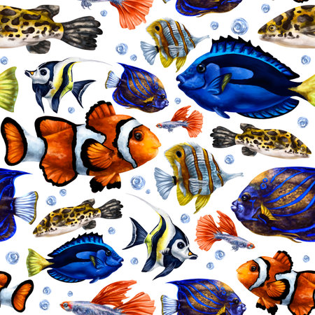 Seamless pattern with colorful marine life. tropical fish. Background for textiles, fabrics, wrapping paper, souvenirs and other designs.の写真素材