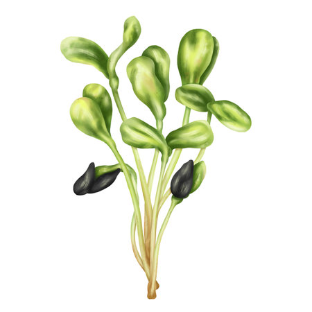 Young green germinating sunflower sprouts from sunflower seeds. A bundle, a bunch of edible plants. Organic micro-greens for healthy food, natural dishes, diets. isolated illustration.の写真素材