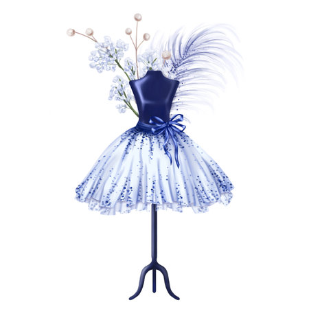 Blue ballet tutu decorated with pebbles and bows. A skirt worn on a mannequin. A theatrical backstage, an atelier, outfit for a fashion show and a masquerade. Digital isolated illustration.の写真素材