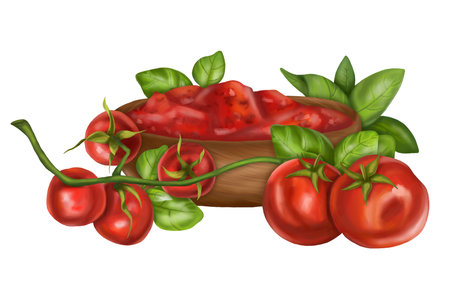 Composition of cup of tomato sauce, ripe red tomatoes, cherry, fresh basil leaves. Healthy food, plants from garden. Farm vegetables, herbs for eco-markets, restaurants. Digital isolated illustration.の写真素材