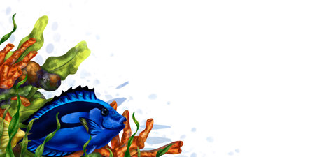 A bright composition with underwater life. Red coral, seaweed, tropical fish of royal blue color. tropical wild world. Marine frame, boarder. Digital isolated illustration.の写真素材