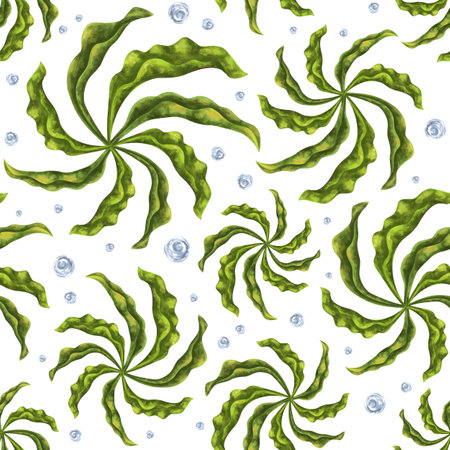 Seamless pattern with thickets of bright green seaweed and water bubbles. Background for textiles, fabrics, banners, wrapping paper, wallpaper and other designs.の写真素材