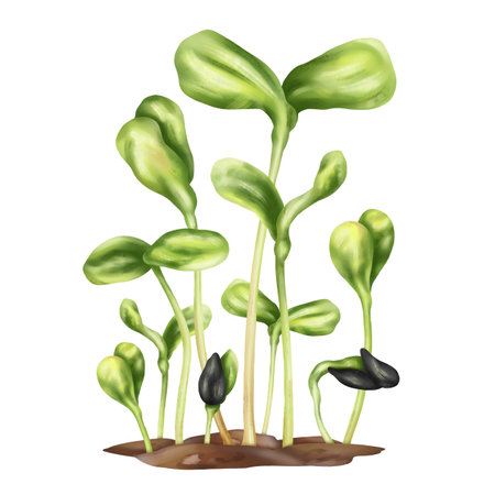 Young green germinating sunflower sprouts from seeds. A plant growing from the soil in a home garden. Organic micro-greens for healthy food, natural dishes, green salads. isolated illustration.の写真素材