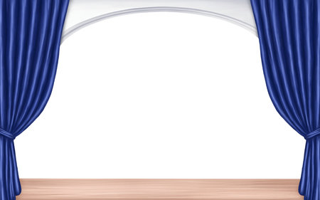 A theater stage with marble columns and satin curtains. Digital illustration on a white background. Concert hall, classical scenery for the performance, podium, opera, dance studio.の写真素材