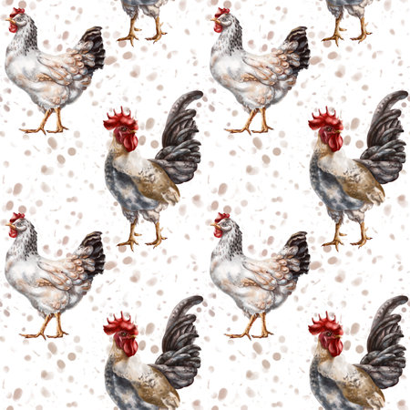 Seamless pattern of their farm chickens and roosters. Simple rural life, farm animals, nature and plants. Poultry on the ranch. Digital illustration, background.の写真素材