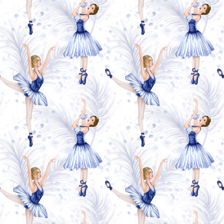 Seamless pattern with a dancing ballerina girl decorated with airy feathers. Theatrical performance of an elegant gymnast in a blue tutu and pointe shoes. Digital isolated illustration.の写真素材
