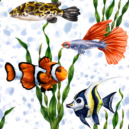 Colorful sea fish in the ocean. Tropical waterfowl among green algae. Underwater life, diving and snorkeling, traveling to exotic places. Seamless pattern, digital illustration.の写真素材