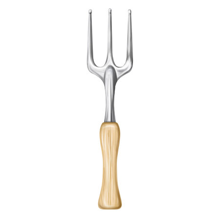 Metal rake with wooden handle. A garden tool of a florist and an agronomist for cultivating the land. Equipment for the care of the farm, garden, plants and flowers. Digital isolated illustration.の写真素材