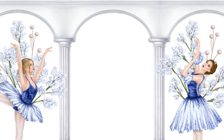 Dancing ballerinas under an antique marble arch. Theatrical performance of elegant ballerinas in blue stage costumes and tutus. Template for postcards and design. Digital isolated illustration.の写真素材