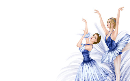 Dancing ballerina girls. A theatrical performance of elegant artists in blue stage costumes and tutus. Frame, template for postcards and design. Digital isolated illustration.の写真素材