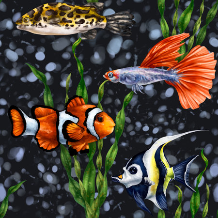 Colorful sea fish in the ocean. Tropical waterfowl among green algae. Underwater life, diving and snorkeling, traveling to exotic places. Seamless pattern, digital illustration.の写真素材