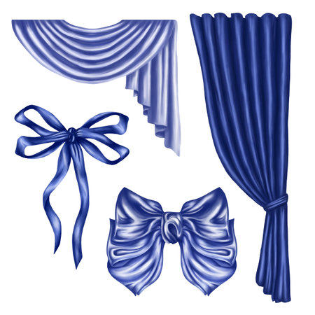 A set of draped objects made of blue shiny fabric. Home curtains and drapes, silk ribbons and bows. Interior decorations, for windows, theatrical costumes and halls. Isolated digital illustration.の写真素材