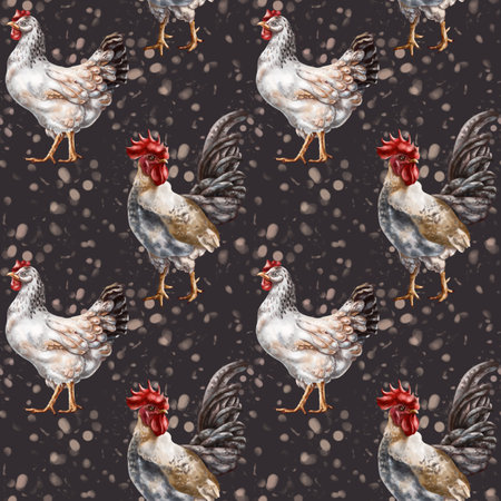 Seamless pattern of their farm chickens and roosters. Simple rural life, farm animals, nature and plants. Poultry on the ranch. Digital illustration, background.の写真素材