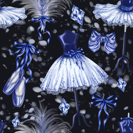 Seamless pattern with ballet blue outfits. Dance tutus, pointe shoes, bows and feathers. A theatrical performance, a showcase of an atelier, a store, a fashion show. Digital isolated illustration.の写真素材