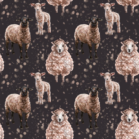 Seamless pattern of their farm sheep and rams. Simple rural life on pasture, farm animals, nature and plants. Provincial style. Domestic herd on the ranch. Digital illustration, background.の写真素材