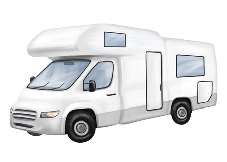A white motorhome for car travelers. A car for tourist trips, adventures, family vacations and company parties. Comfortable outdoor recreation and camping. Digital isolated illustration.の写真素材