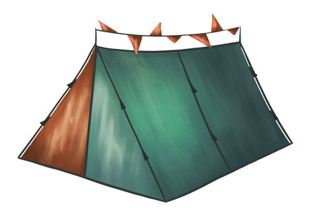 Triangular tourist tent in blue-orange color. Equipment for outdoor activities, travel and hiking. A place for camping, picnics in nature and companionable vacations. Isolated illustration.の写真素材