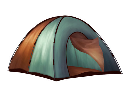 The domed tourist tent is blue-orange in color. Equipment for outdoor activities, travel and hiking. A place for camping, picnics in nature and companionable vacations. Isolated illustration.の写真素材
