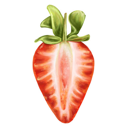 A juicy red half of a strawberry with a twig. Ripe berry for snacks, culinary dishes, milkshakes, cocktails, ice cream, jam. A natural dessert from a farmer's harvest. Isolated digital illustration.の写真素材