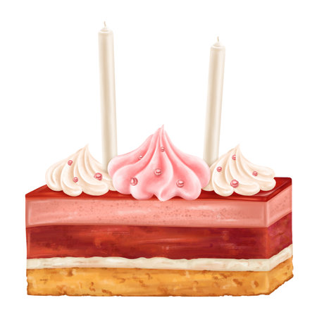A square piece of berry cake with pink meringue in the form of roses and festive candles. Mousse...