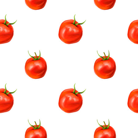 Seamless pattern with red ripe juicy tomatoes. A healthy diet of vegetables, vegetarian dishes and ingredients. Floral background for packaging and textiles. Digital illustration on white background.の写真素材