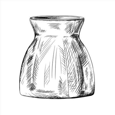 Garden white ceramic pot. Tools for the garden, home decor, flower vase, designer tableware. Vector illustration in black ink graphically. Hand drawn in line art. Cultivation of greenery and plants.のイラスト素材