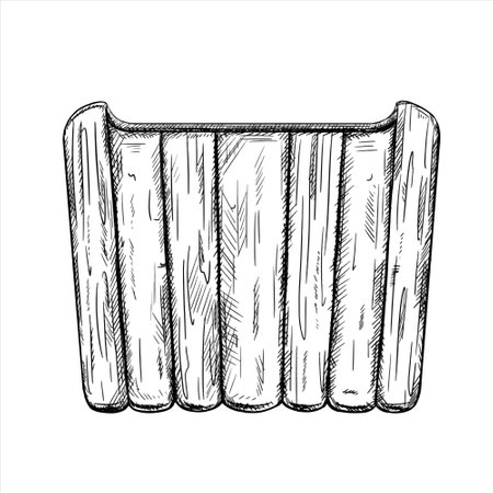 Garden pot of concrete and light wood. Tools for garden, home decor, flower vase, home decor, flower vase. Vector illustration in line art painted by black inks. Cultivation of greenery and plants.のイラスト素材